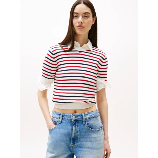 TOMMY JEANS TJW ESSENTIAL SS SWEATER DW0DW19336 0FG-WHITE/RED/NAVY STRIPE