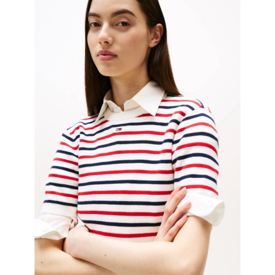TOMMY JEANS TJW ESSENTIAL SS SWEATER DW0DW19336 0FG-WHITE/RED/NAVY STRIPE