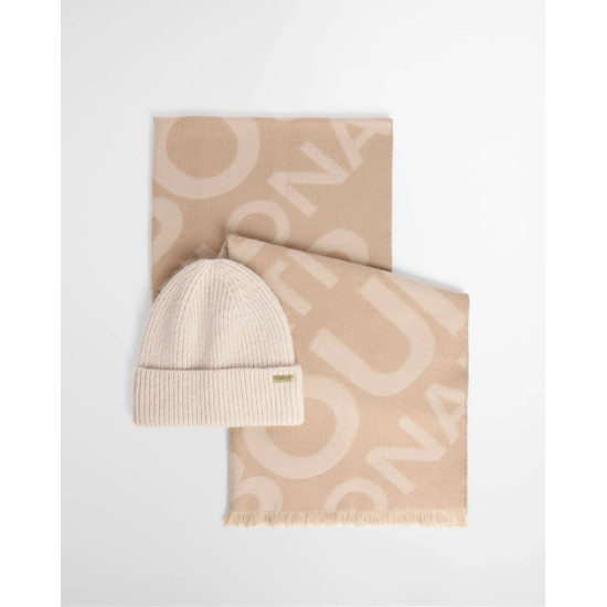 BARBOUR INTERNATIONAL PENDLE BEANIE & KENNA SCARF GIFT SET LGS0105CR31 BICR31-MOONBEAM/CAMEL
