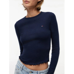 TOMMY JEANS SLIM LETTUCE EDGE RIB LONGSLEEVE DW0DW22783 C1G-DARK NIGHT NAVY