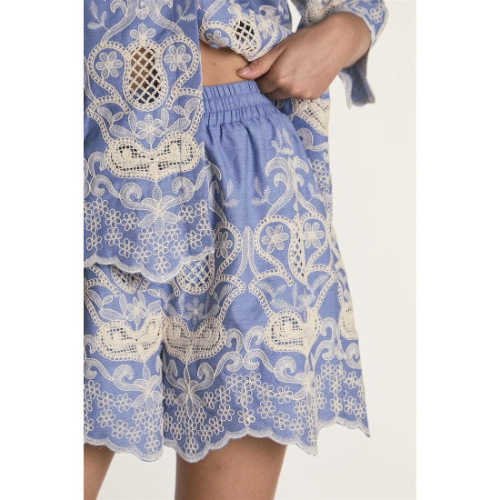 GLAMOROUS HIGH RISE LINEN SHORTS AN5708A DY12-EMBROIDERED CHAMBRAY