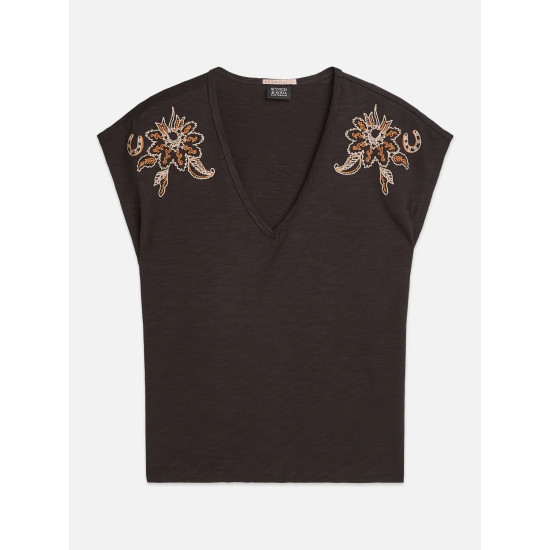 SCOTCH & SODA EMBROIDERED VNECK TSHIRT U9A01297T U014-METEORITE